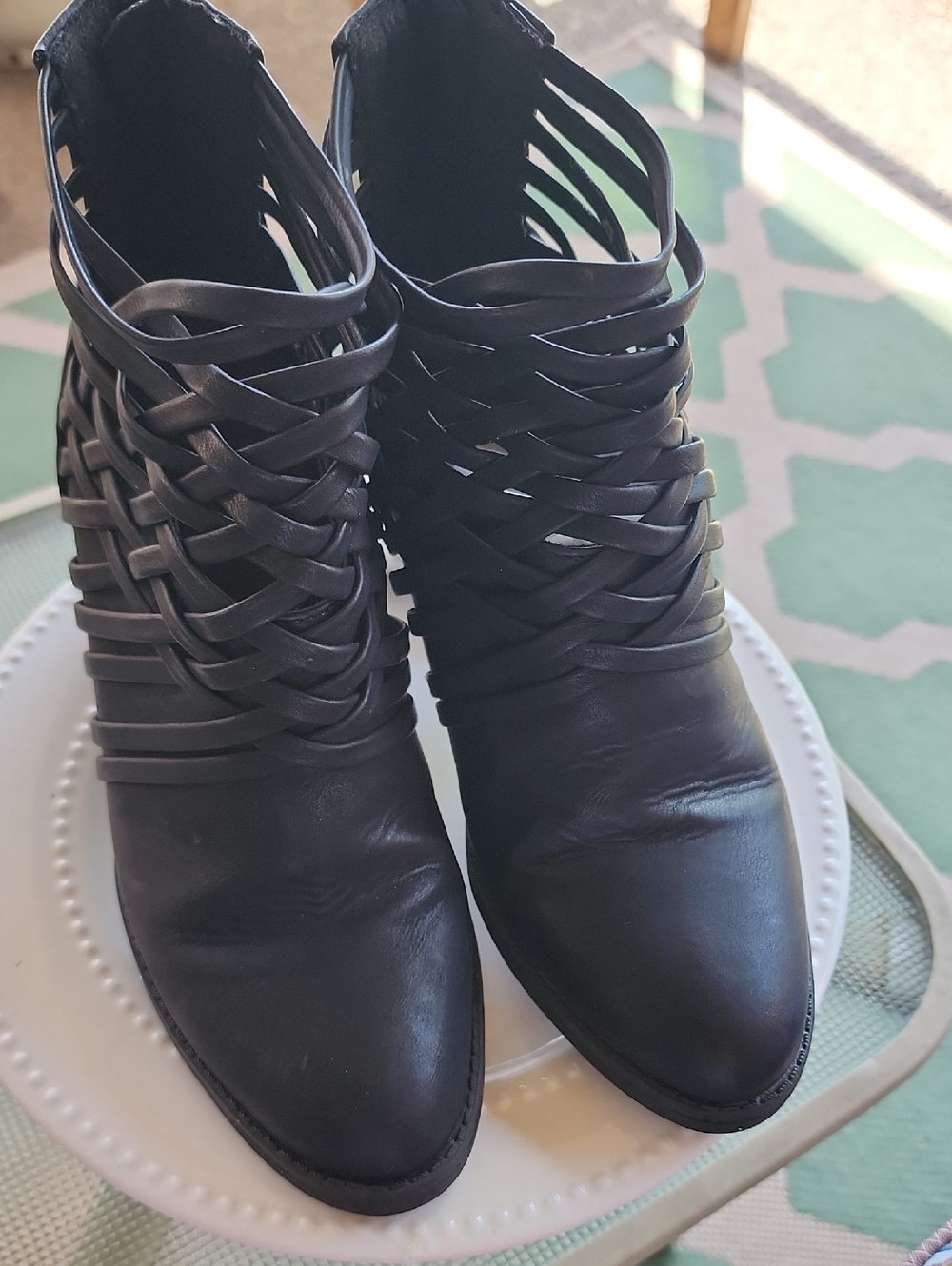 Woven Strap Black Women's Ankle Boots